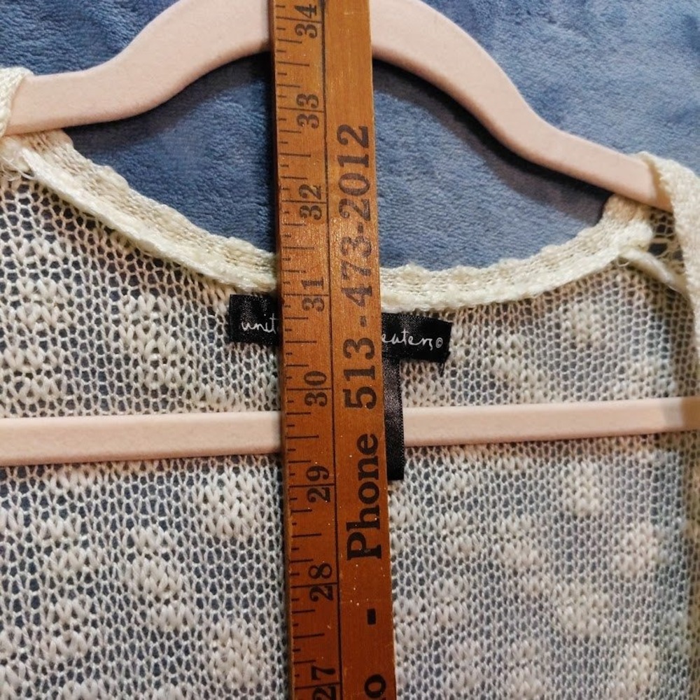 United States Sweaters Cream Crochet Fringe Handkerchief Hem Open Cardigan L - Picture 5 of 10